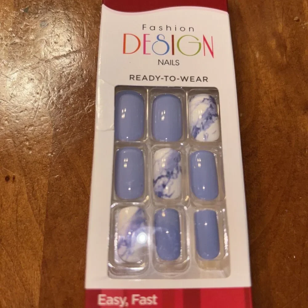 Kiss Shiny Blue Swirl Artificial  Glue On Nail Medium
